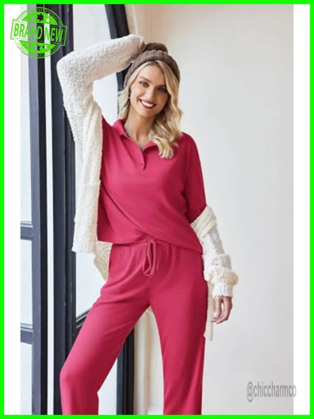 Womens 2 Piece Matching Lounge Set Sweatsuit Waffle Knit Pajamas Long Sleeve